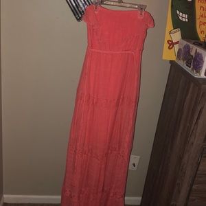 Coral maxi dress with lace inserts